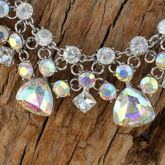 Aurora Borealis Ab Crystal Bib Triangular Round Curb Chain Evening Necklace Set - Picture 2 of 6